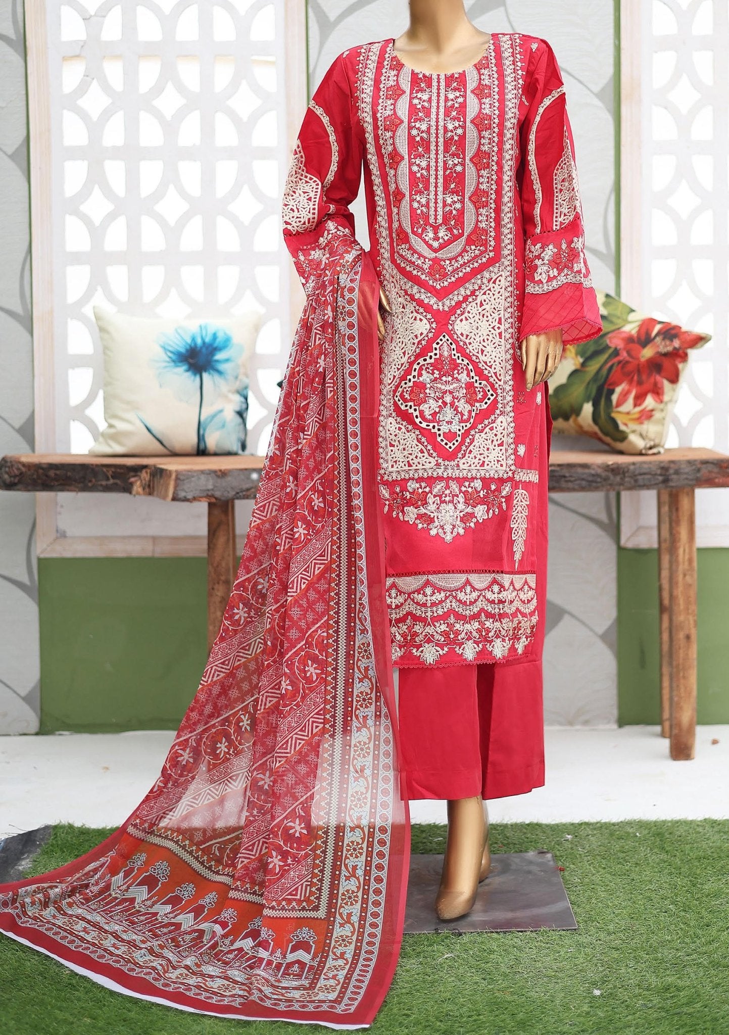 Bin Saeed Cotton Luxury Embroidered with Chiffon Dupatta 3pc Collection - Design 06