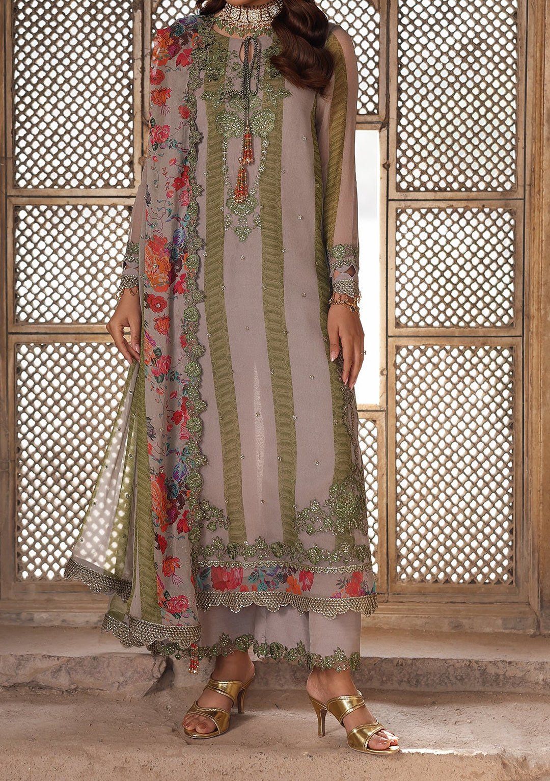 slim fit dress slacks Charizma Formal Mehndi Green Chiffon Dress – Elegant Embroidered Outfi –  Emarlad Wear main image 1