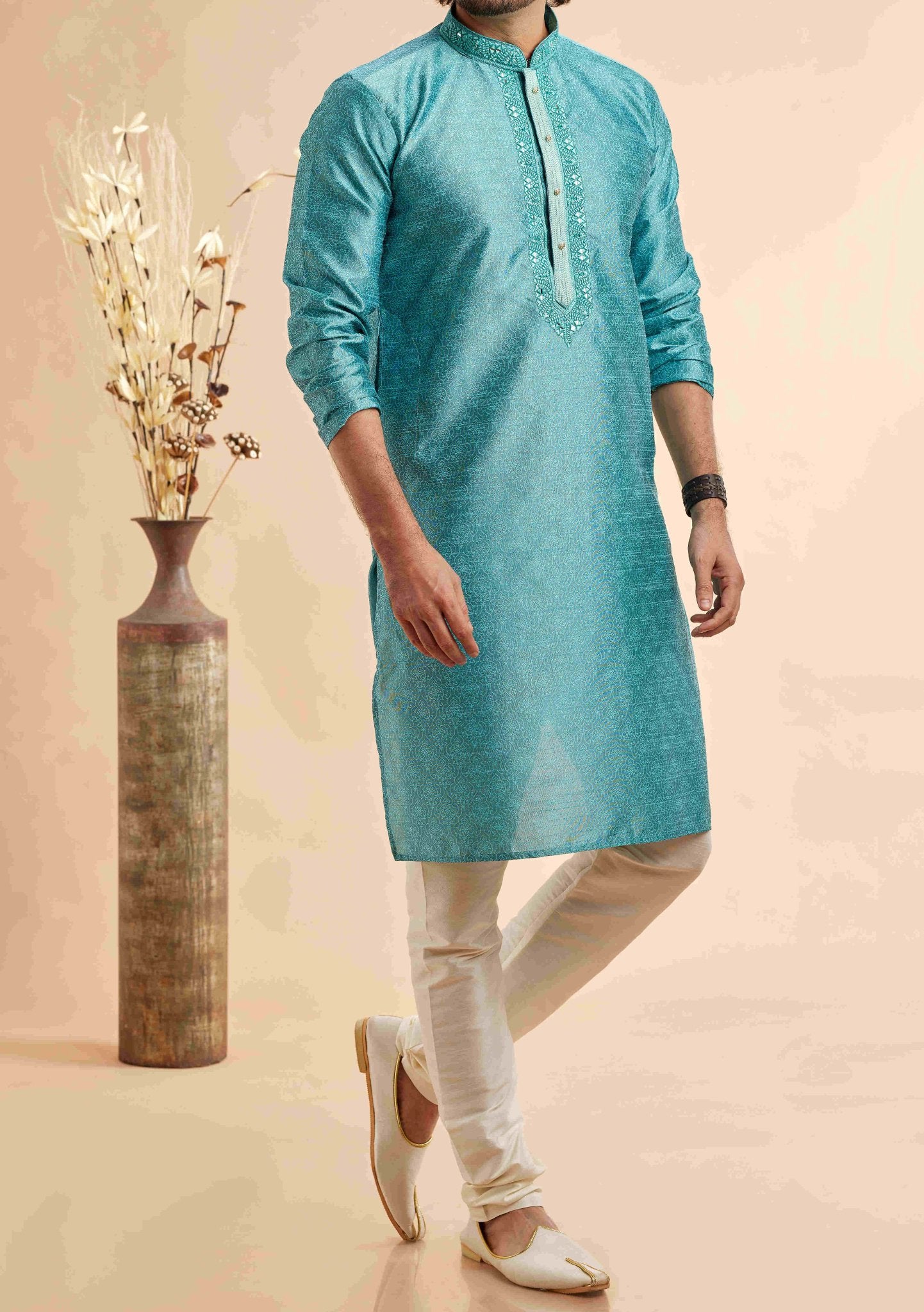 Embroidered Party Wear Jacquard Kurta Pajama Set main image 0