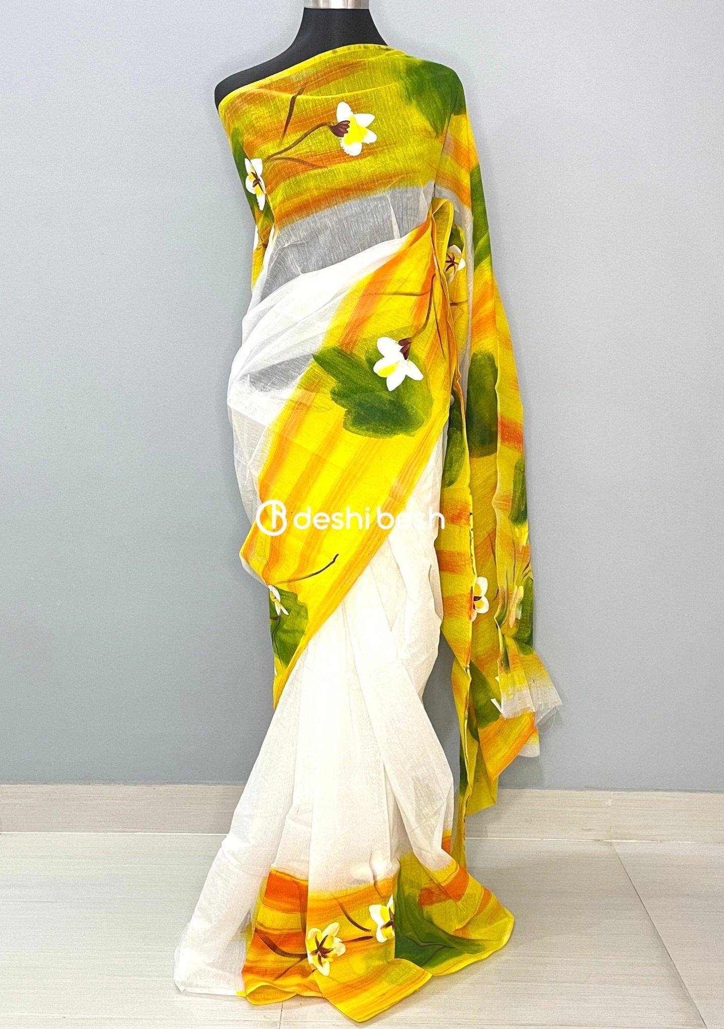 Grey Cotton Hand Painted Saree With Contrast Border main image 1