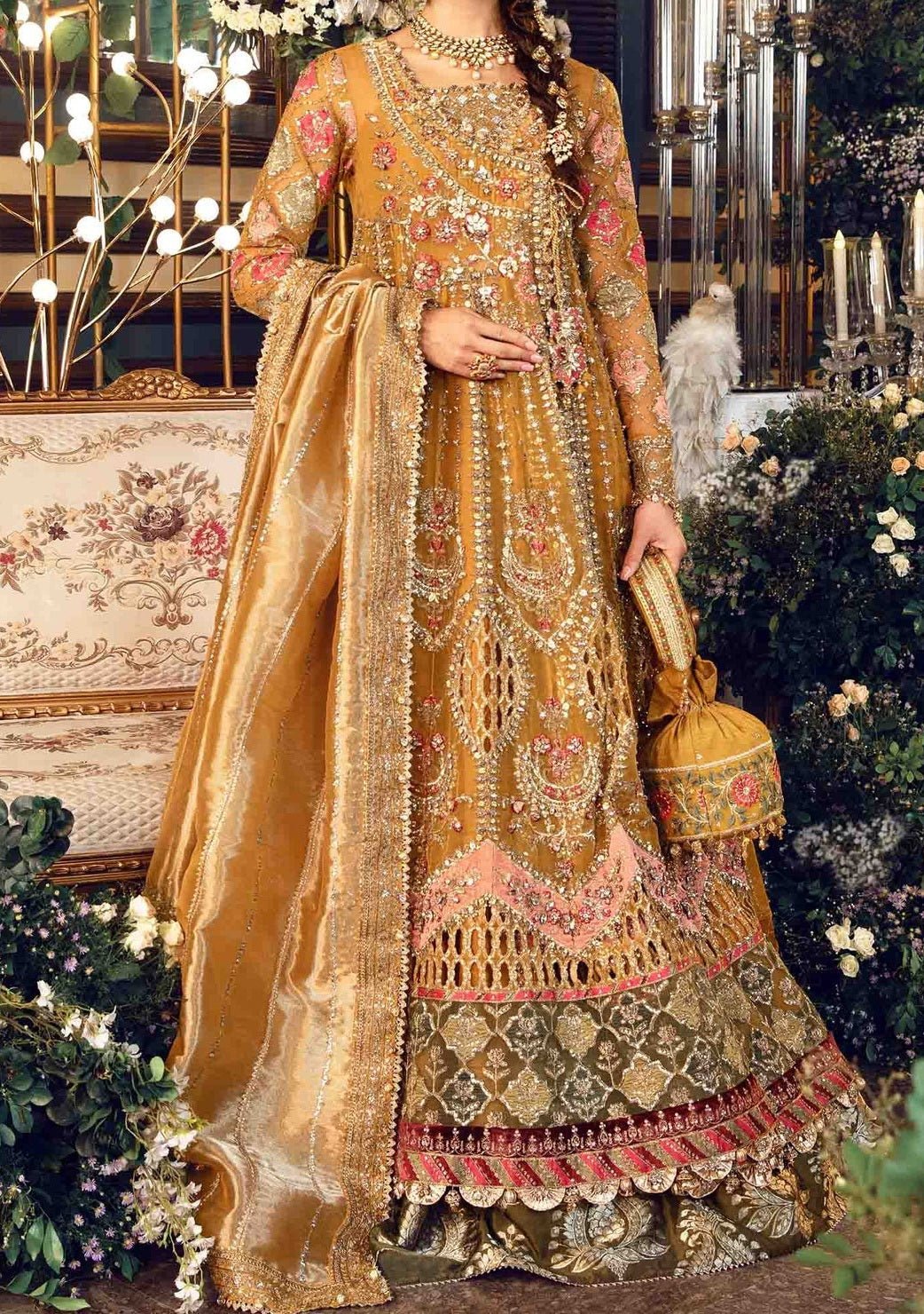 green emerald velvet dress Grand Champagne Gold Reception Bridal Gown (D-01) – Ammara Khan main image 1