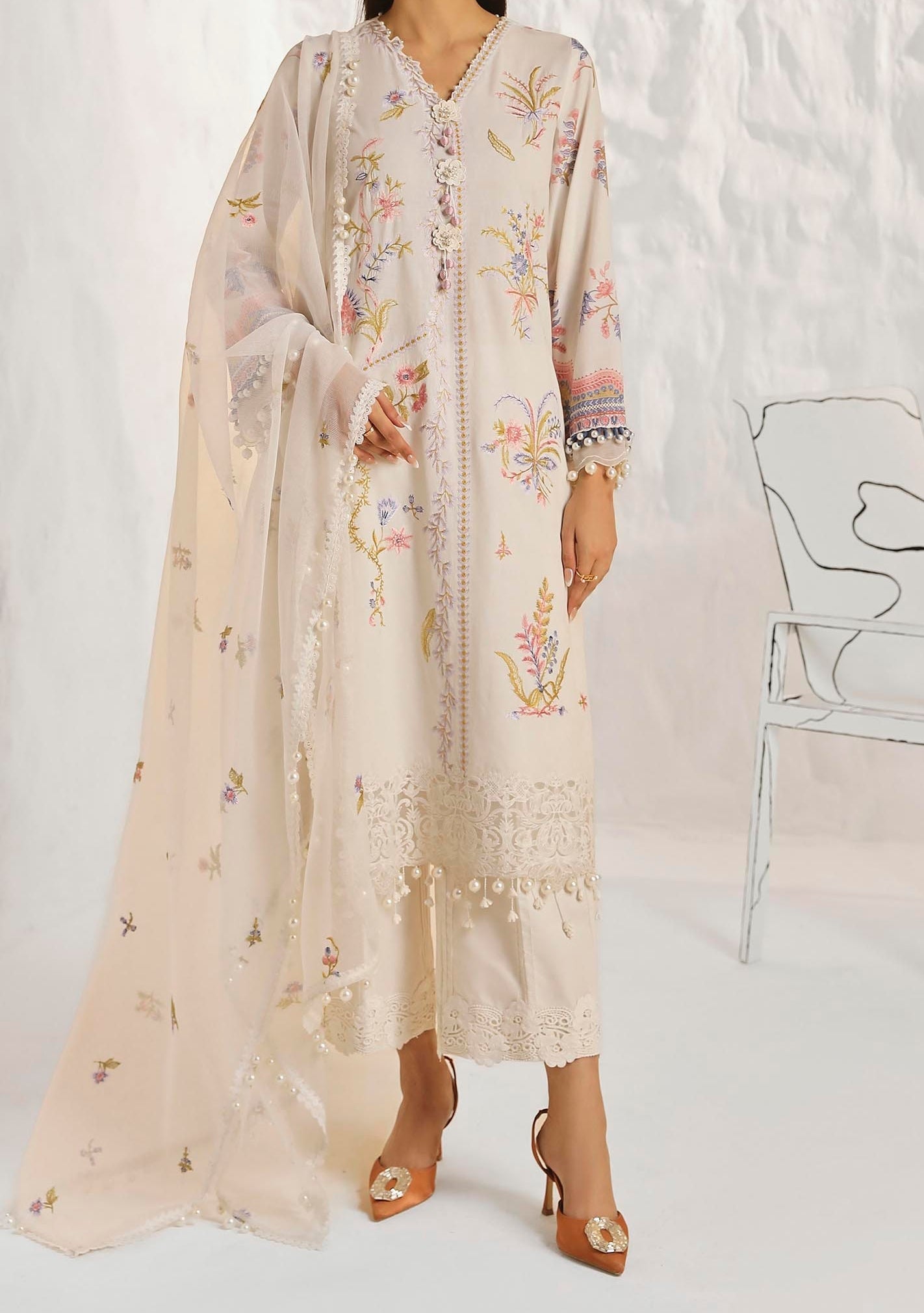 Designer Original Pakistani Sana Samia Brown Lawn Cotton Dress material SSL8B