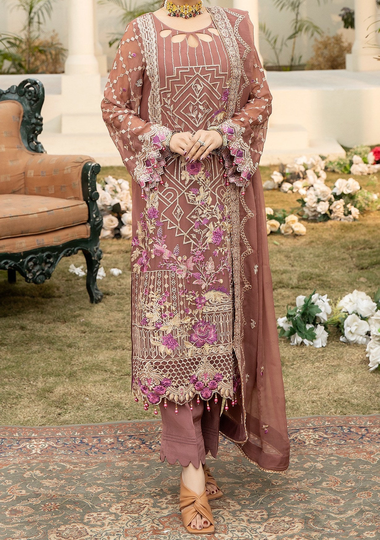Adan's Libas Brandy Rose Luxury Pakistani Chiffon Dress - db21175 Adan's Libas Brandy Rose Luxury Pakistani Chiffon Dress - db21175