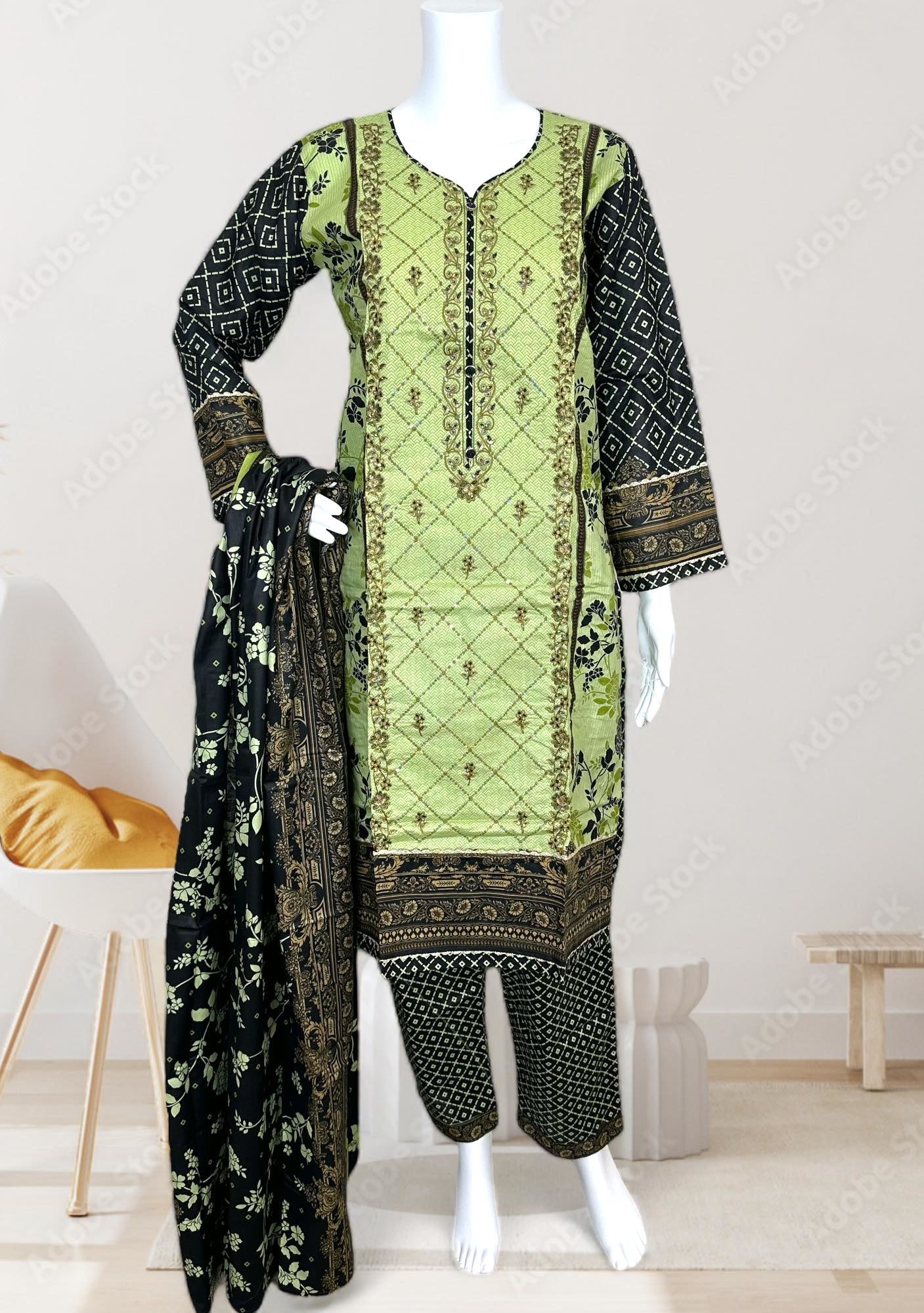 green emerald velvet dress Embroidered 3 Pieces Pakistani Cotton Dress
