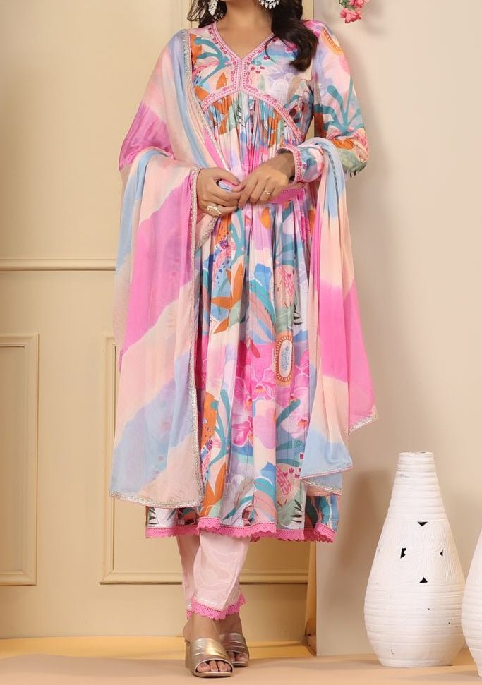 Embroidered Ready Made Alia Cut Muslin Dress - db22672 Embroidered Ready Made Alia Cut Muslin Dress - db22672