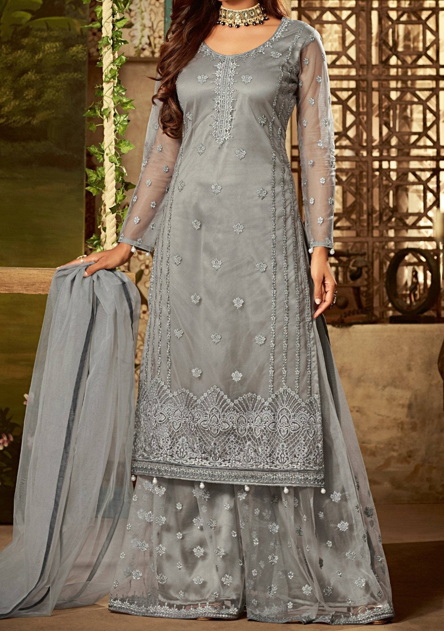Foil Mirror Awesome Blue Festive Wear Palazzo Suit main image 1