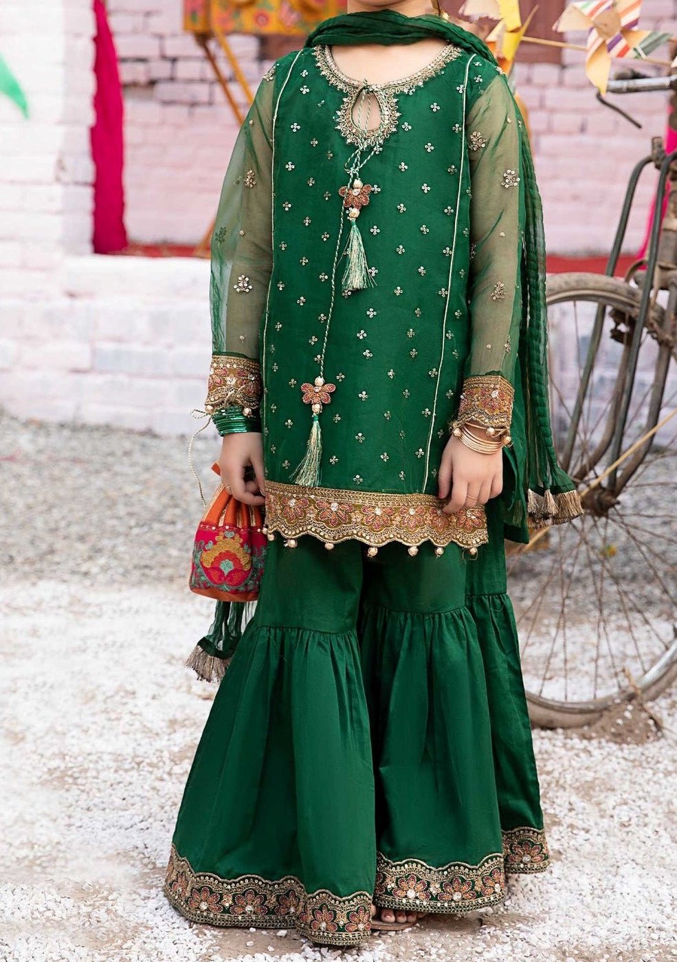 Girl’s Organza offers embroidered dress with gharara