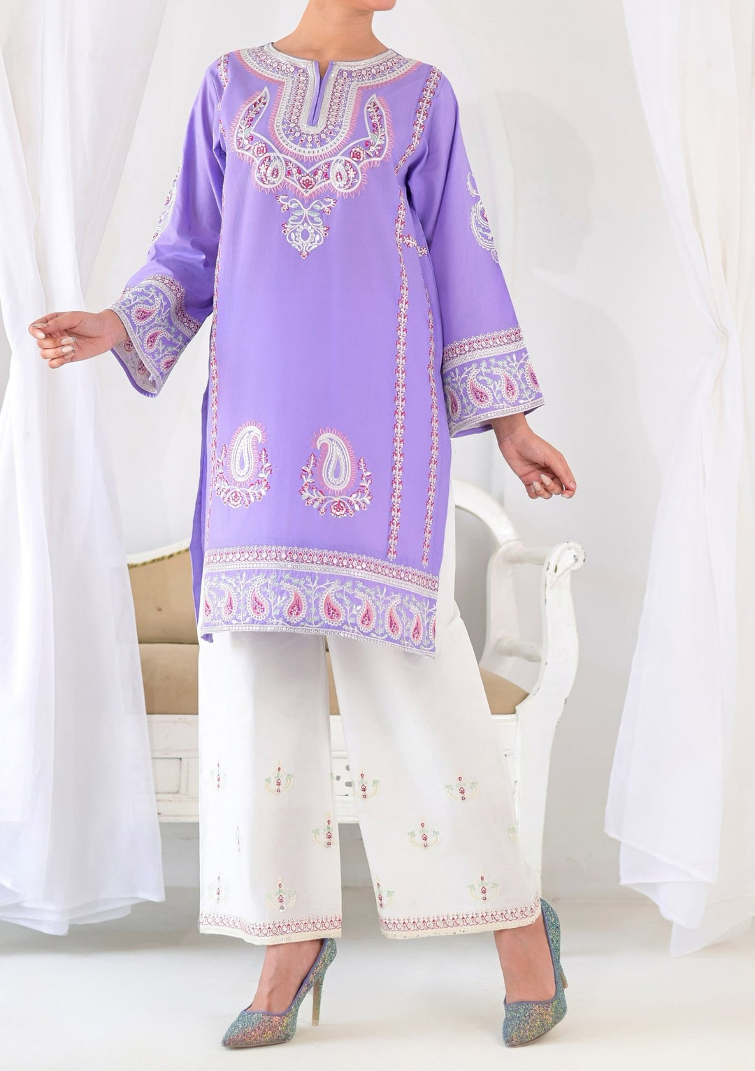 2 Pieces Embroidered Cotton Dress - db31309
