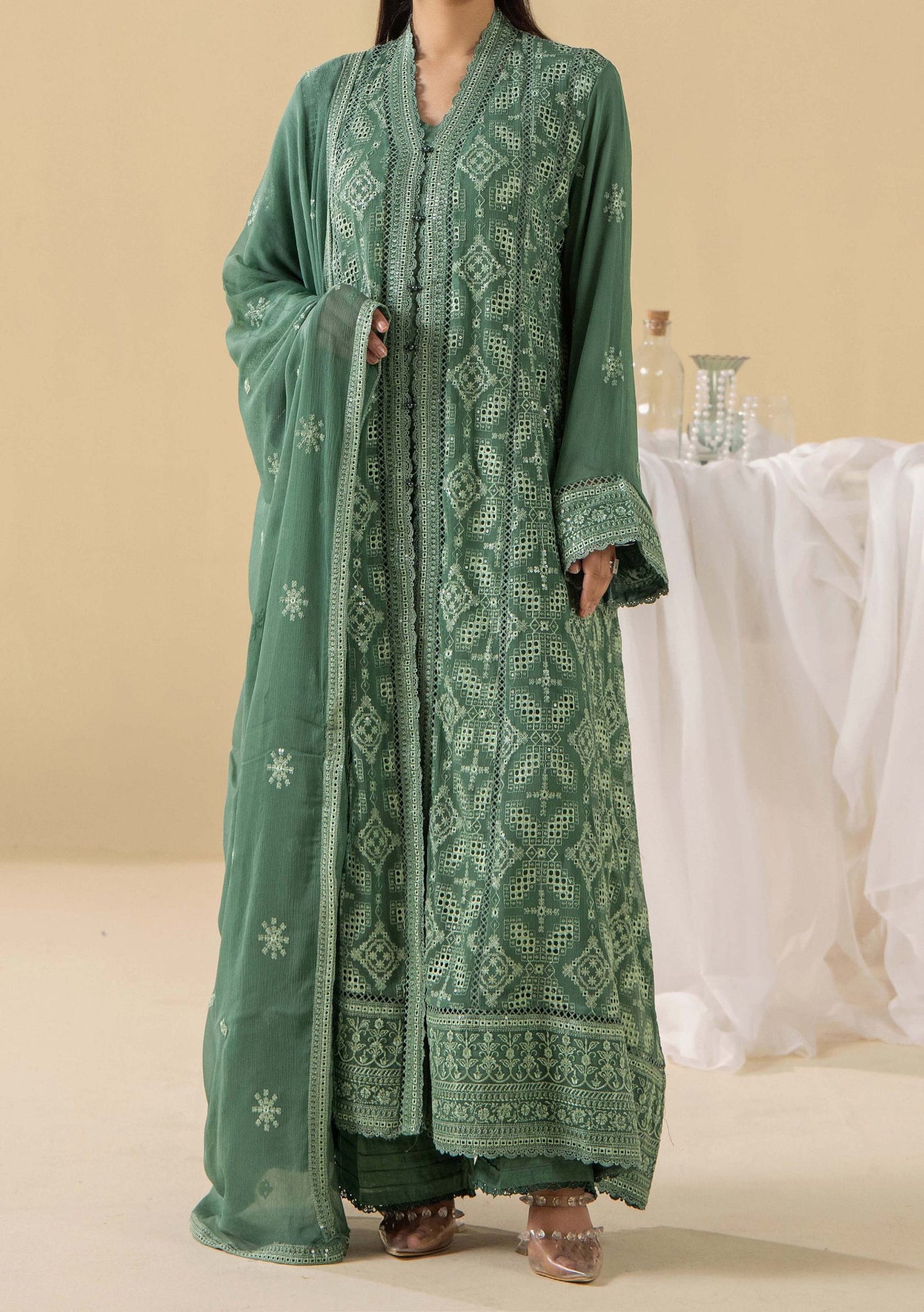 chiffon anarkali dress Adan's Libas Embroidered 22% METALLIC The trousers are made Groom Dresses Davids Bridal Size:4X-Large/20-20.5 Neck/36-37 Sleeve