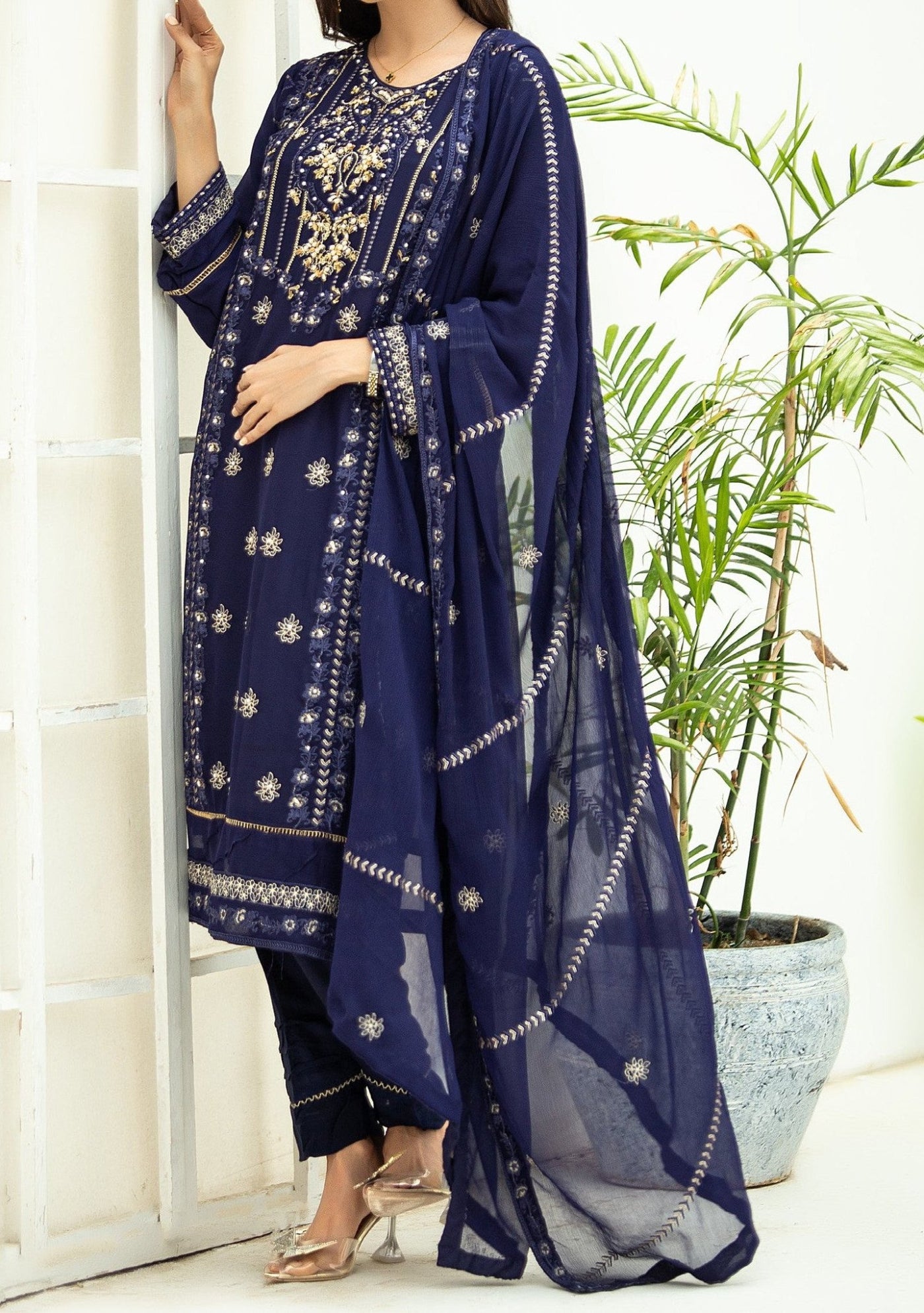 Al Jannat Ready Made Embroidered Chiffon Dress - db27816