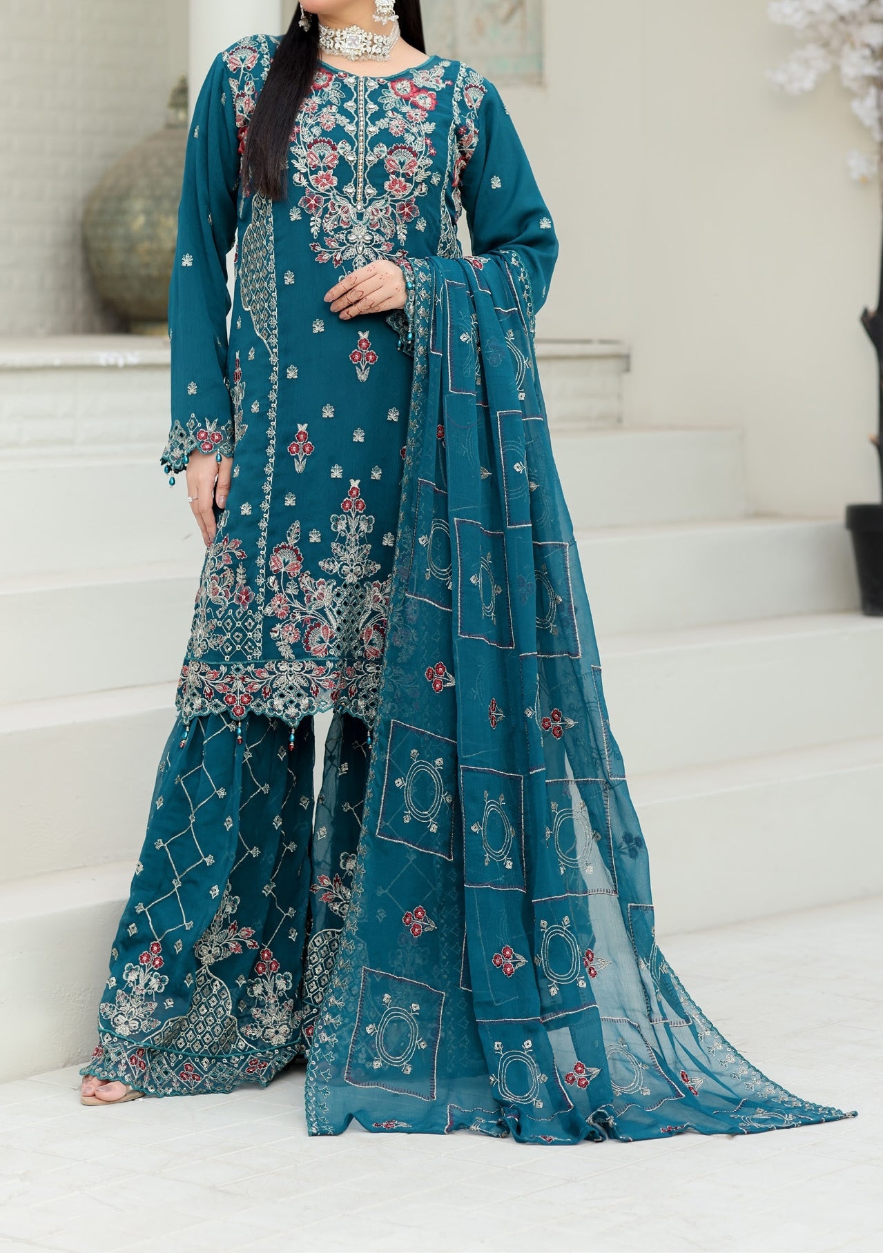 Bin Hameed Embroidered Chiffon Sharara Suit