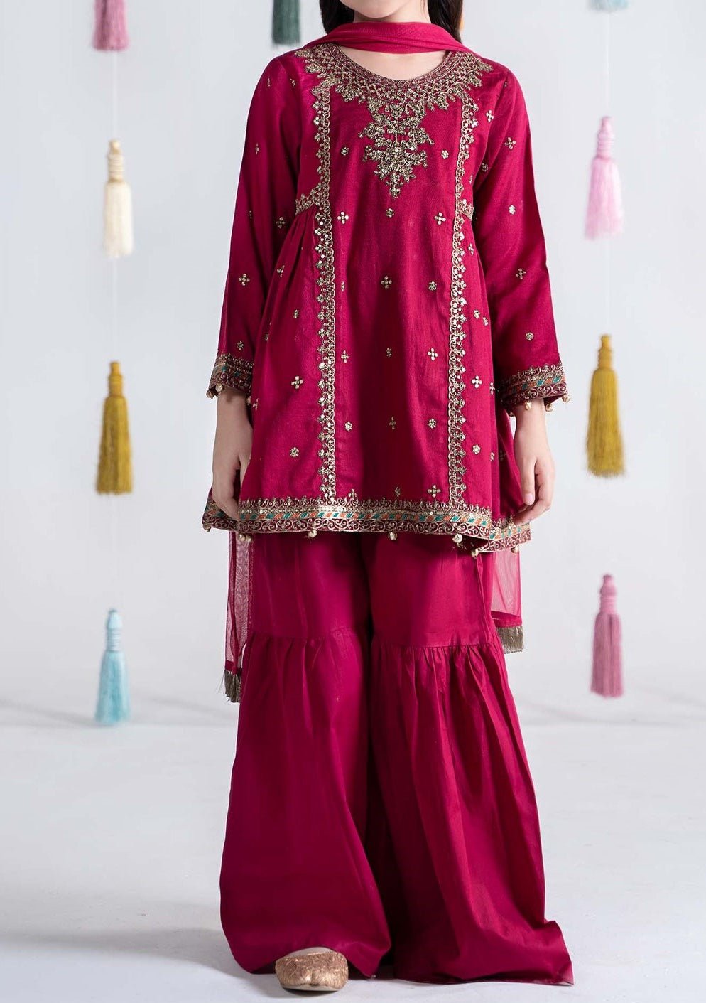 Maria.B Girl's Embroidered Dobby Lawn Gharara Suit - db26510