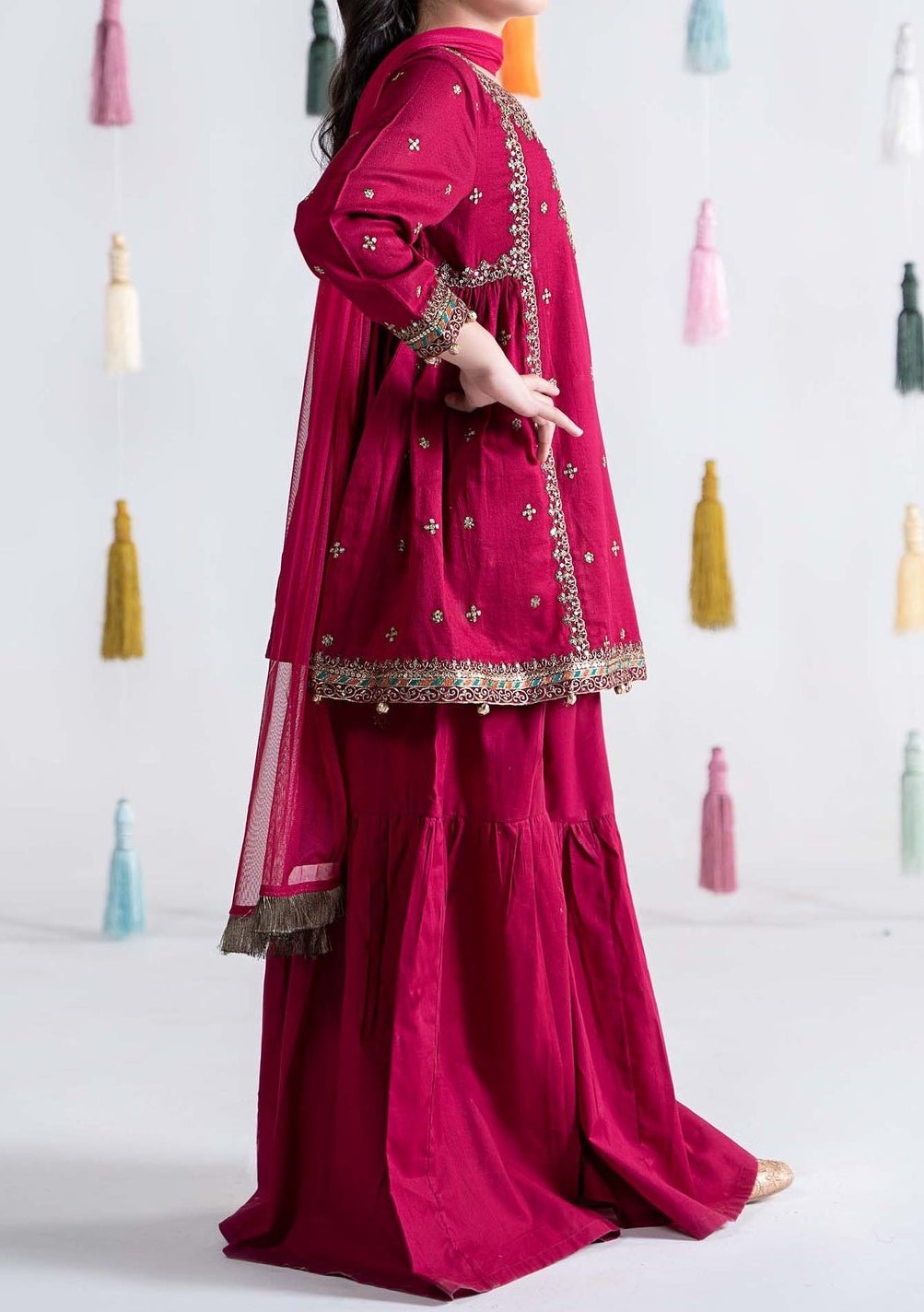 Maria.B Girl's Embroidered Dobby Lawn Gharara Suit - db26510