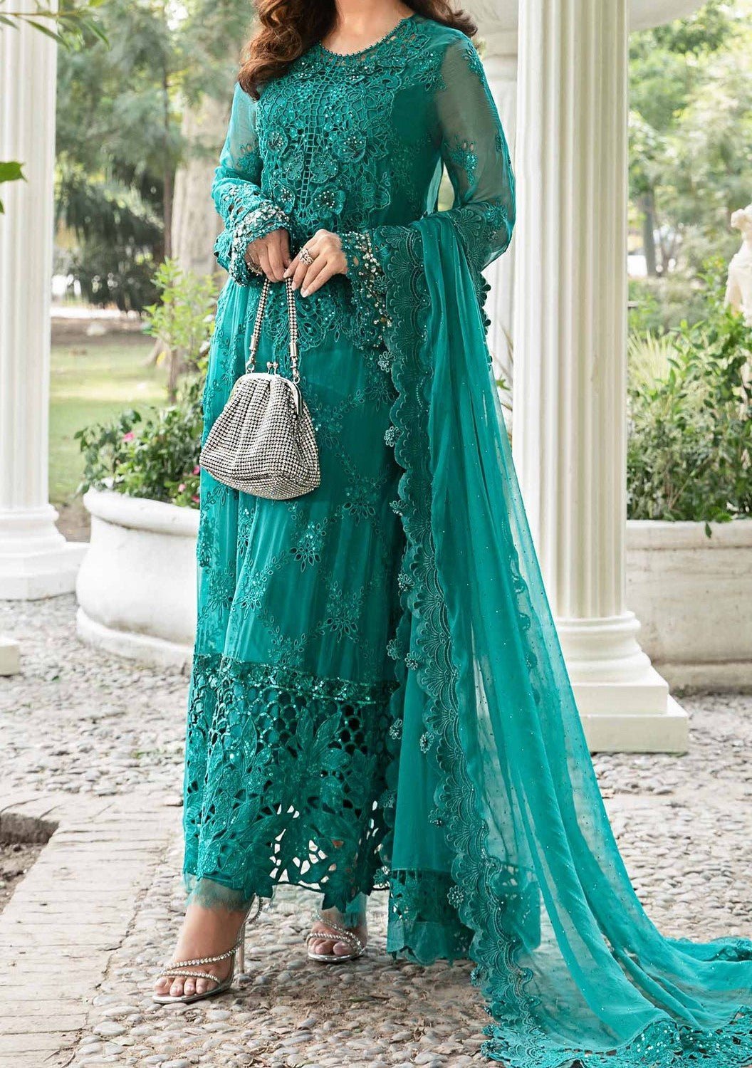 green emerald velvet dress Maria.B Pakistani Luxury Embroidered Chiffon Dress