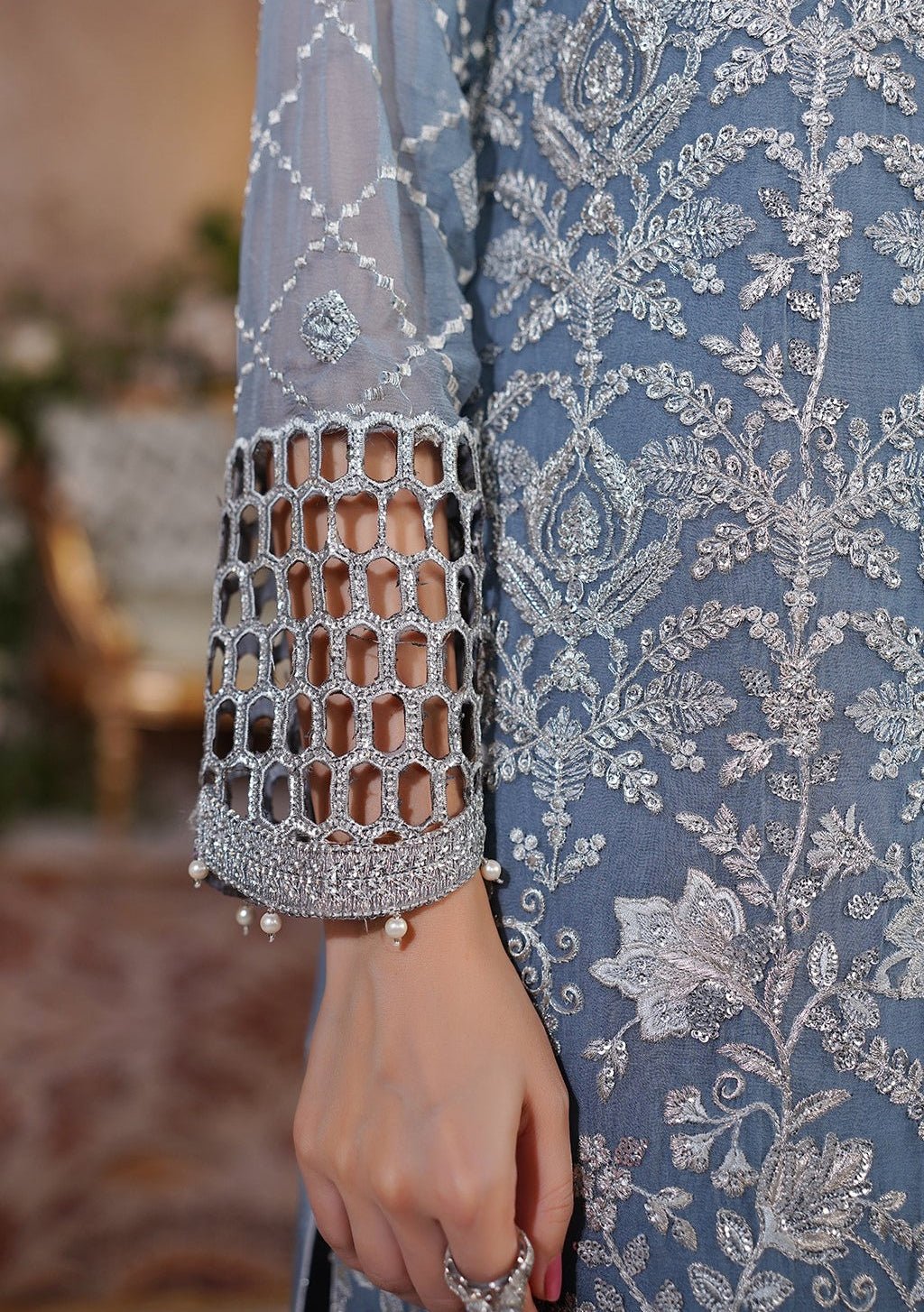 blue and silver dress pakistani Maryam's Aarzu Luxury Chiffon Dress-db27623 Size:M (UK 10)