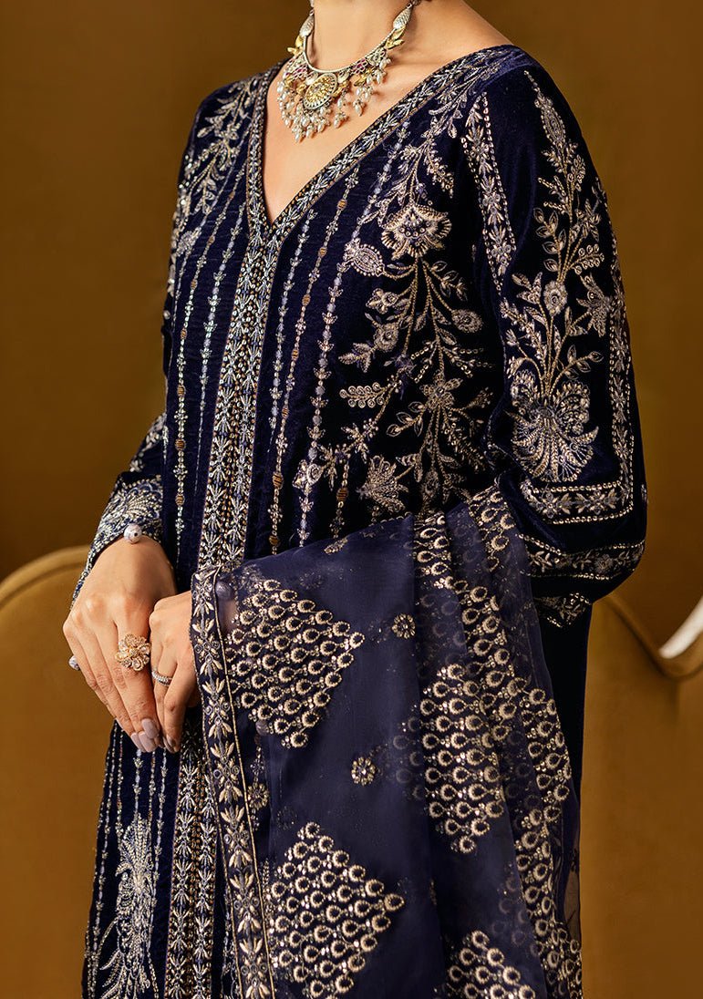 navy blue velvet dress pakistani Navy Blue Embroidered Velvet Pakistani Dresses 3PCS Navy Blue Velvet Dress   ALRUBAB COLLECTION