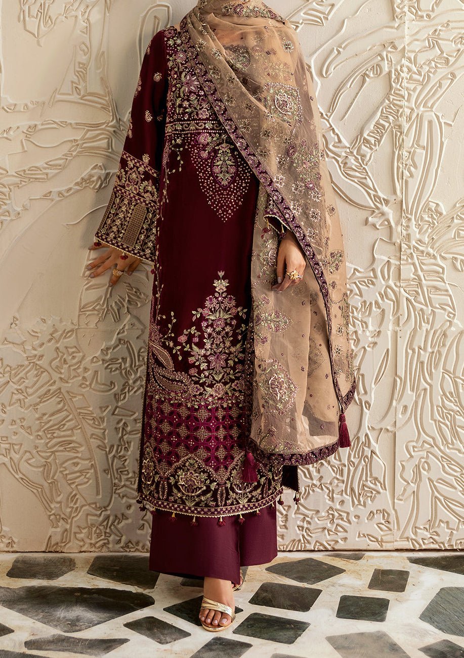 brown velvet dress pakistani New Pakistani Ready To Wear Velvet Embroidered 3 Piece Suit