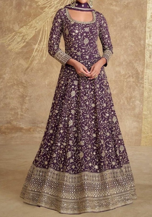 party wear anarkali dresses Gray Elegant Party Wear Alia Cut Anarkali Gown Set with Dupa