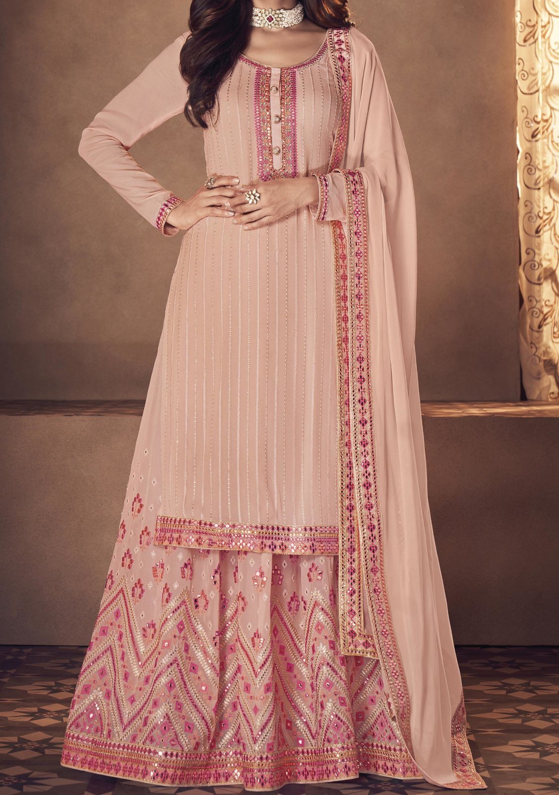 Long Zari Embroidered Kameez with Lehenga and Heavy Floral Zari Embroidered  Dupatta | Exotic India Art
