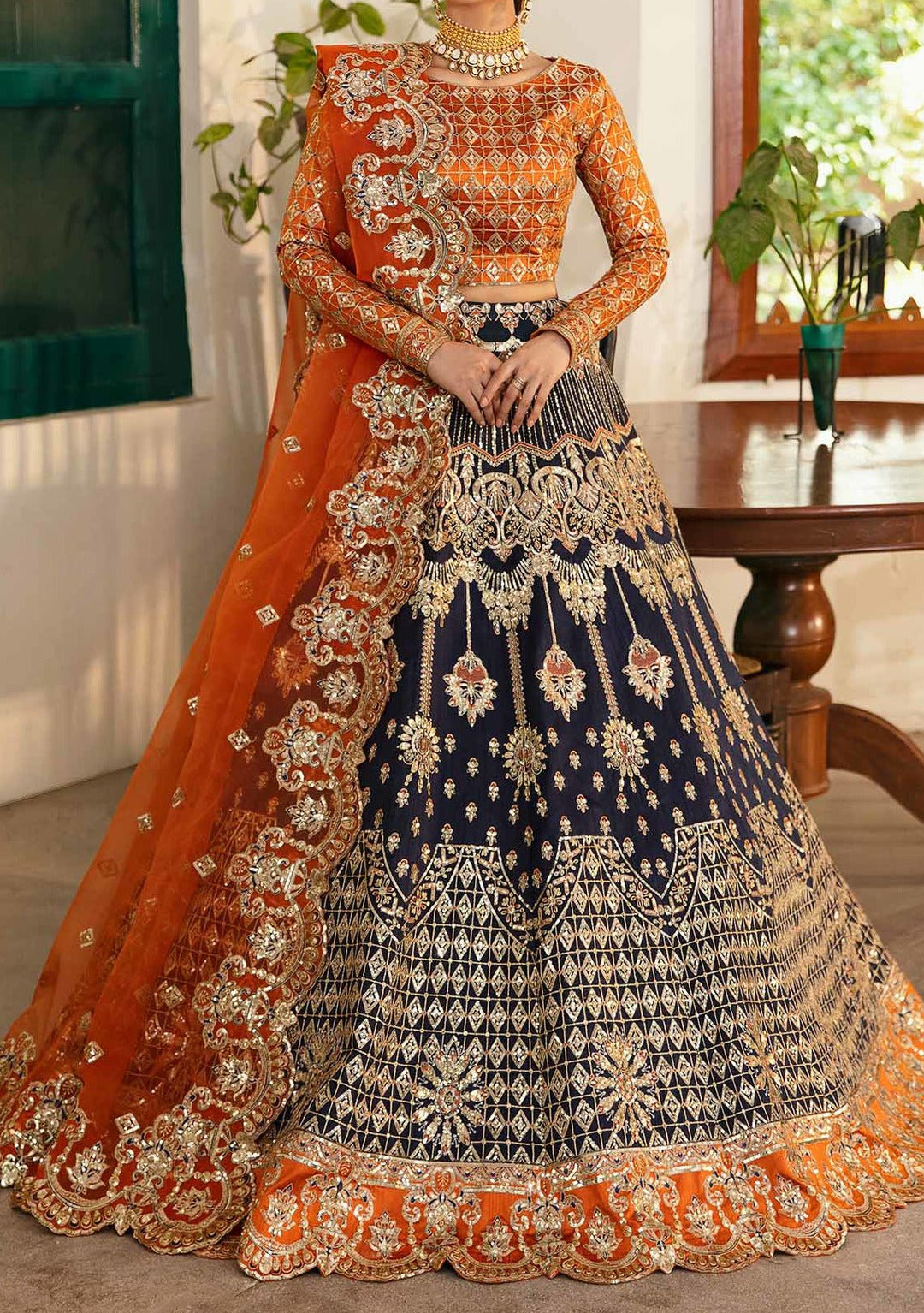 orange and blue dress pakistani Girls Orange & Blue Block Print Shalwar Kameez: Pakistani Cotton Suit (9/10)