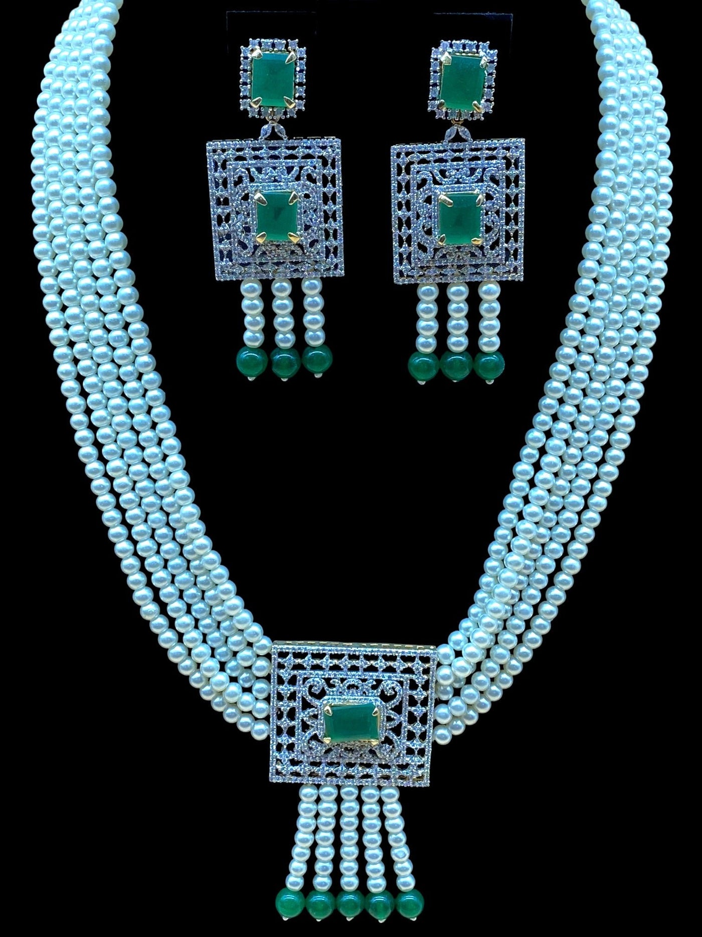 American Diamond Stone Pearl Necklace Set - dba007