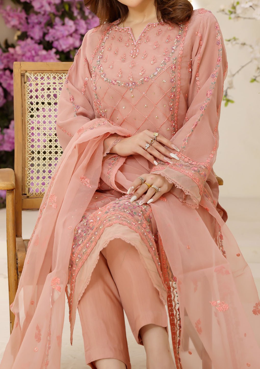 Bin Hameed Ready Made Heavy Embroidered Organza Dress - db24472