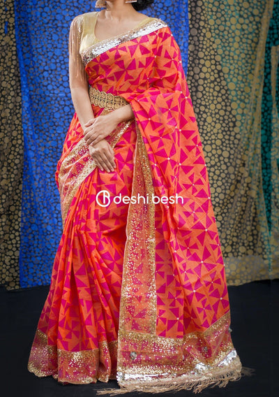 Boutique Designer Block Printed Half Silk Saree: Deshi Besh.