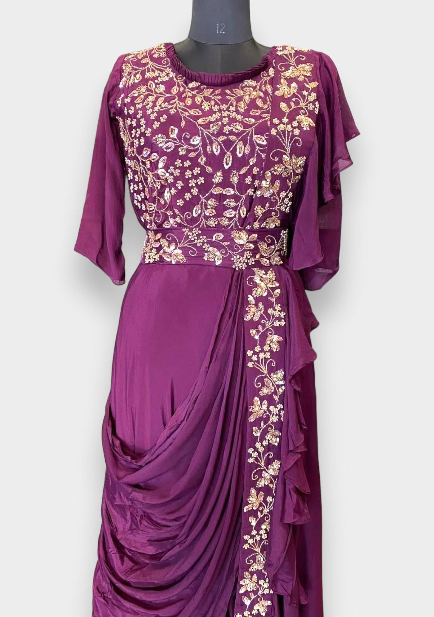 Purple Sari Gown With Belt | Strapless dress formal, Saree gowns, Fashion