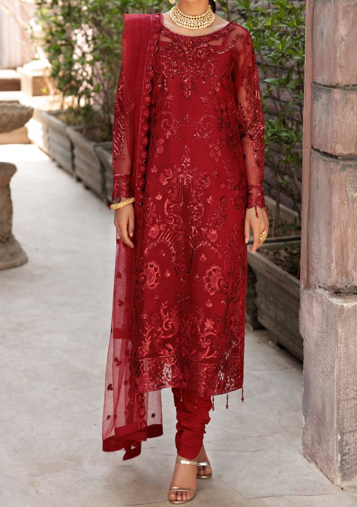 red chiffon dress pakistani Pakistani Deep Red 3pcs Chiffon Dress With Thread Embroidery ,L