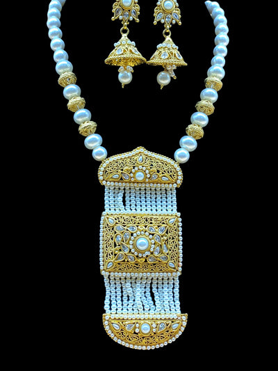 Gold Plated Designer Pearl Long Necklace Set - dba020