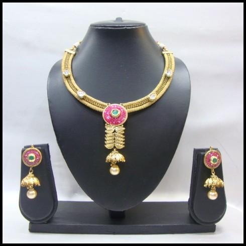 Gold Plated Pearl and Stone Necklace Set: Deshi Besh.
