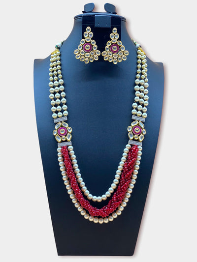 Gold Plated Pearl Kundan Long Necklace Set - dba005