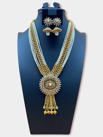 Gold Plated Pearl Kundan Long Necklace Set - dba002