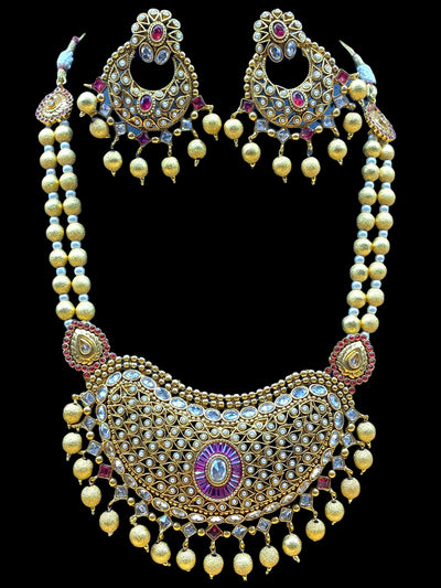 Gold Plated Pearl Stone Work Long Necklace Set - dba038