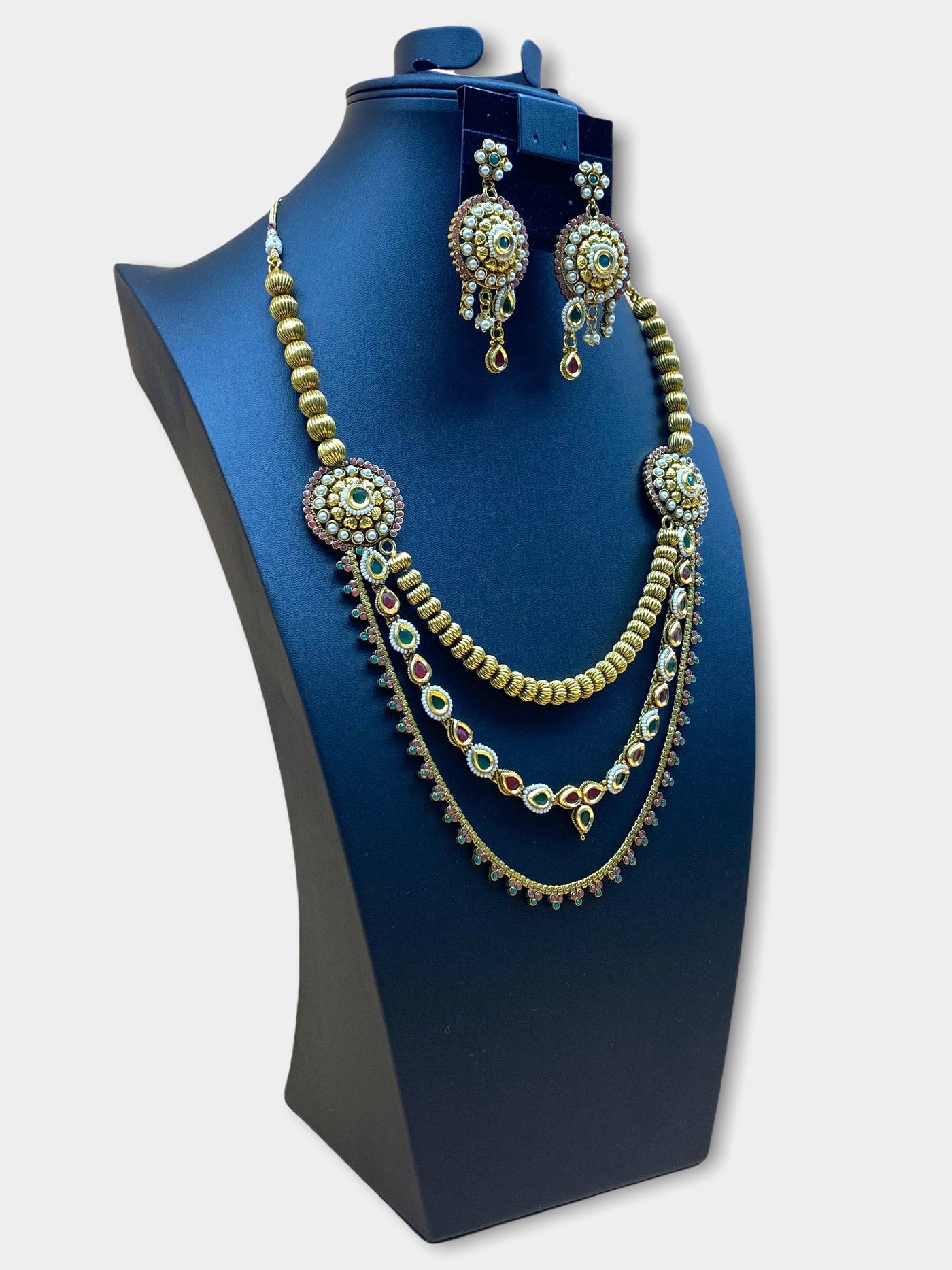 Gold Plated Pearl Stone Work Long Necklace Set - dba039