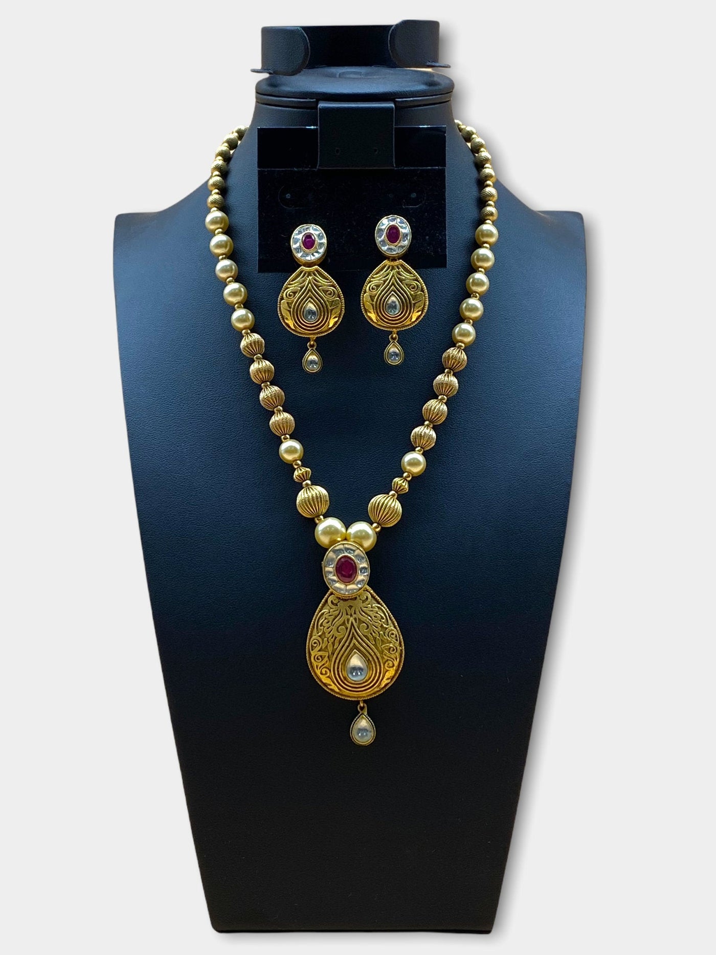 Gold Plated Pearl Stone Work Necklace Set - dba017