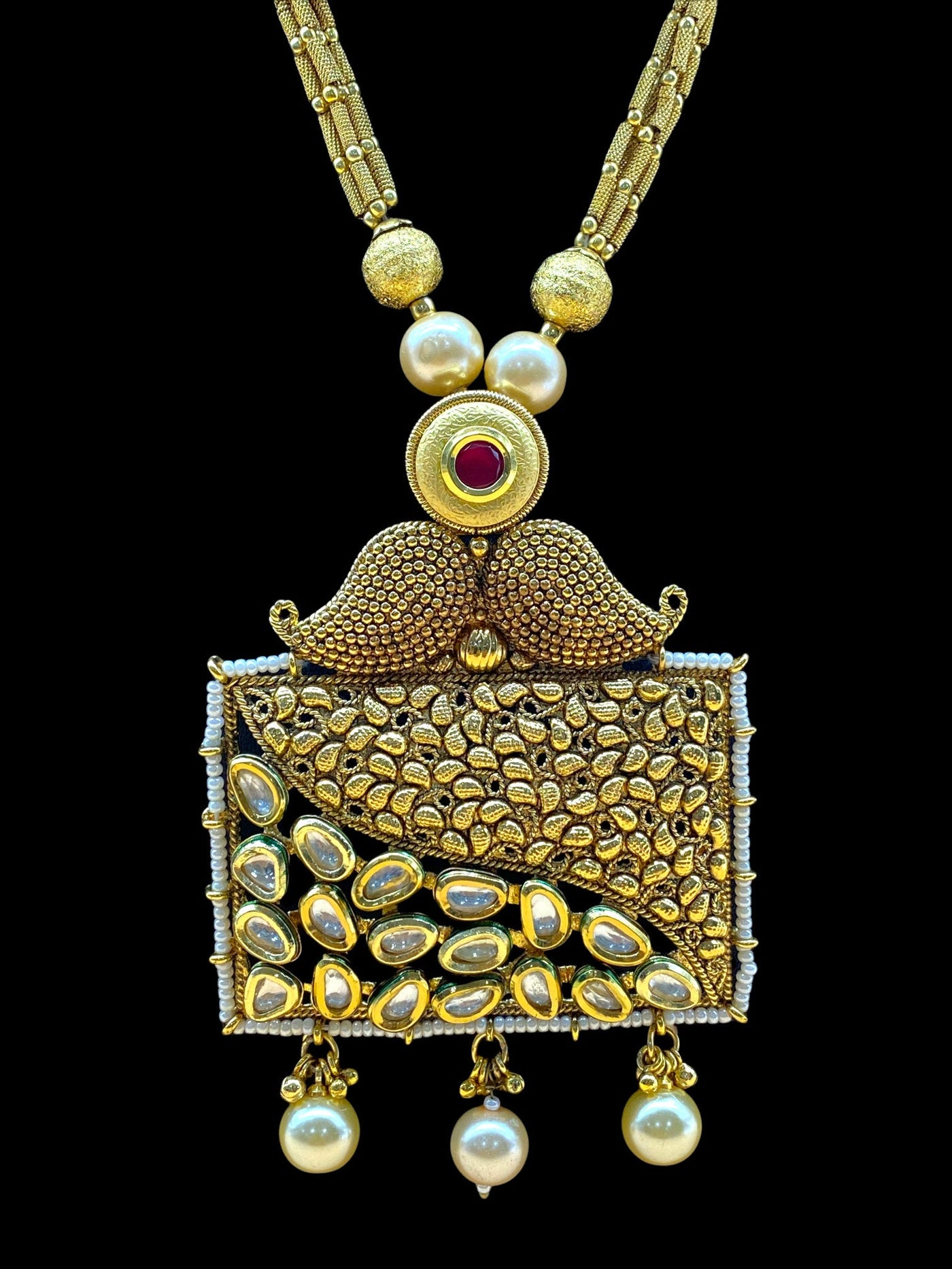 Gold Plated Pearl Stone Work Necklace Set - dba009