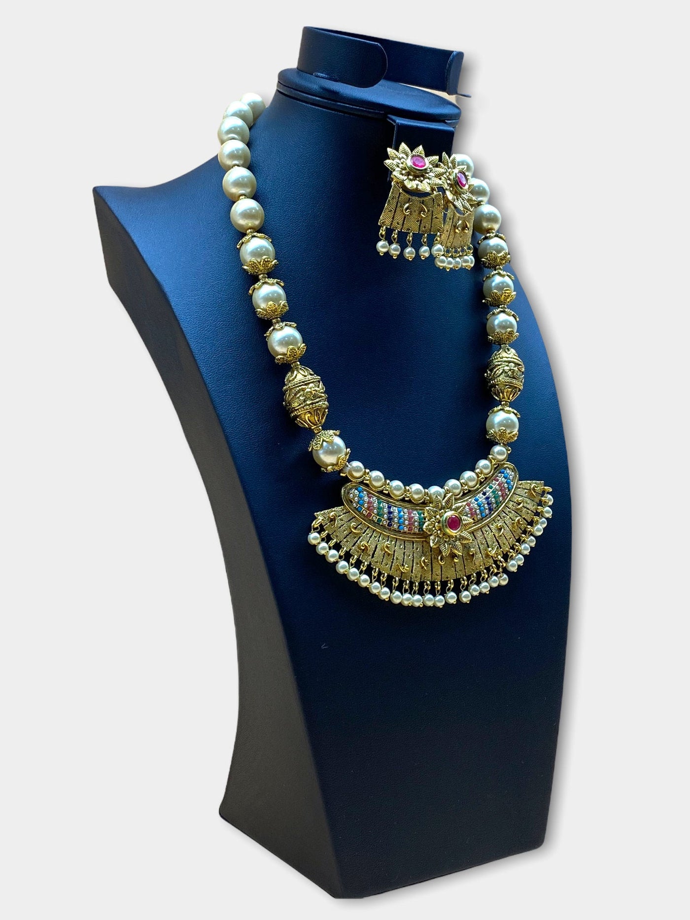 Gold Plated Pearl Stone Work Necklace Set - dba011