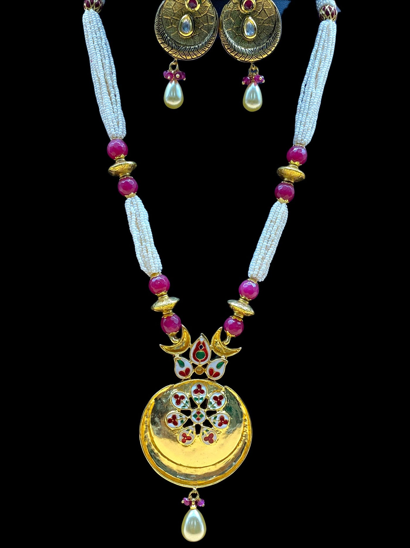 Gold Plated Pearl Stone Work Necklace Set - dba014