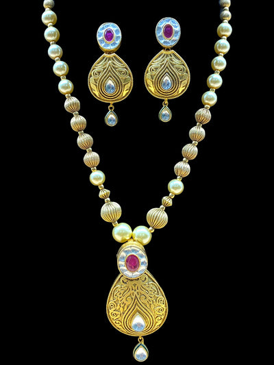 Gold Plated Pearl Stone Work Necklace Set - dba017