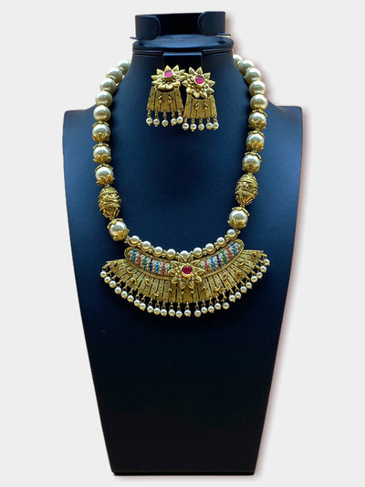 Gold Plated Pearl Stone Work Necklace Set - dba011