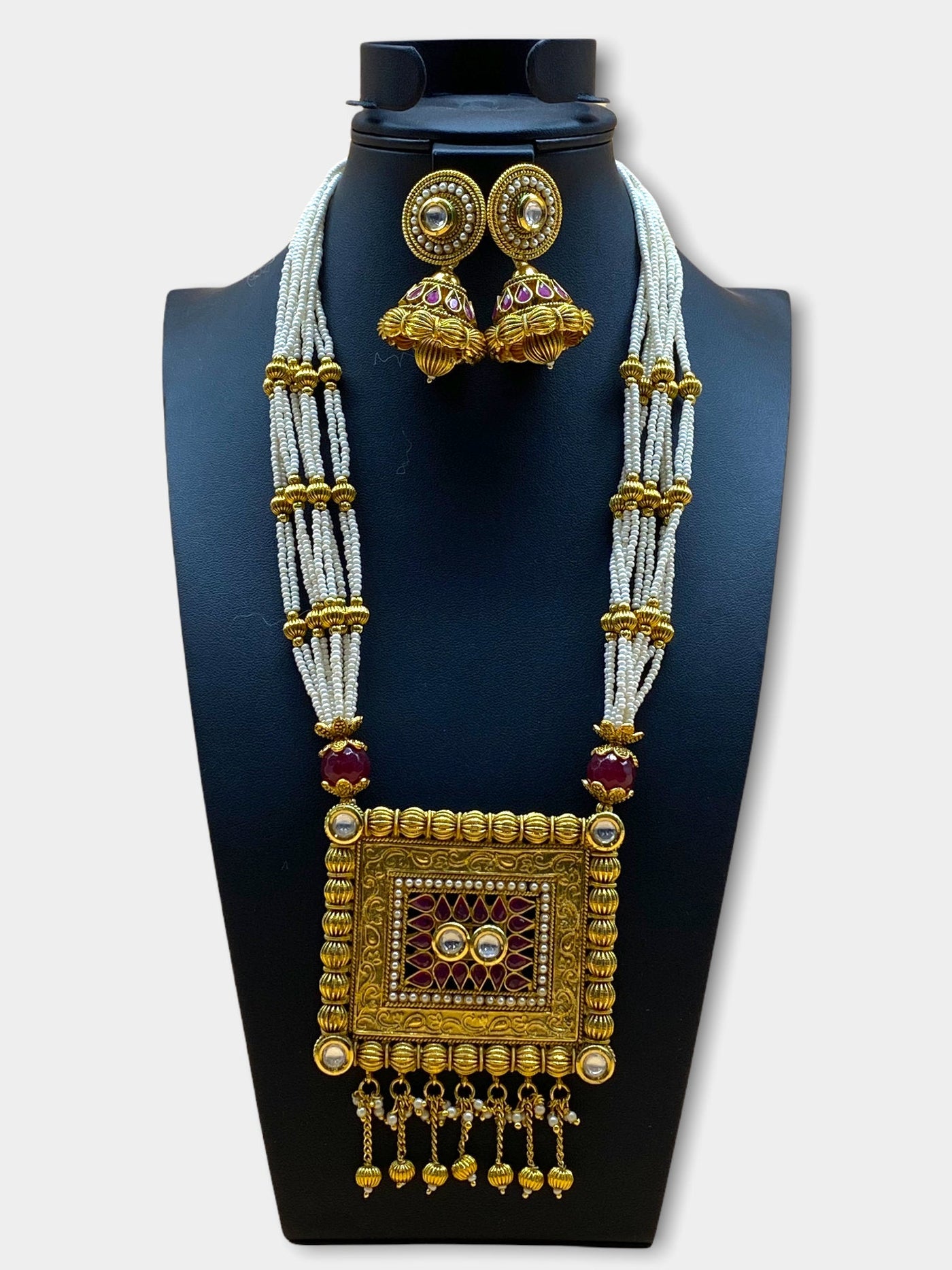 Gold Plated Pearl Stone Work Necklace Set - dba010