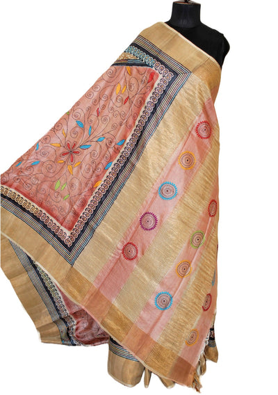 Hand Embroidered Kantha Stitch Tussar Silk Saree - db23791