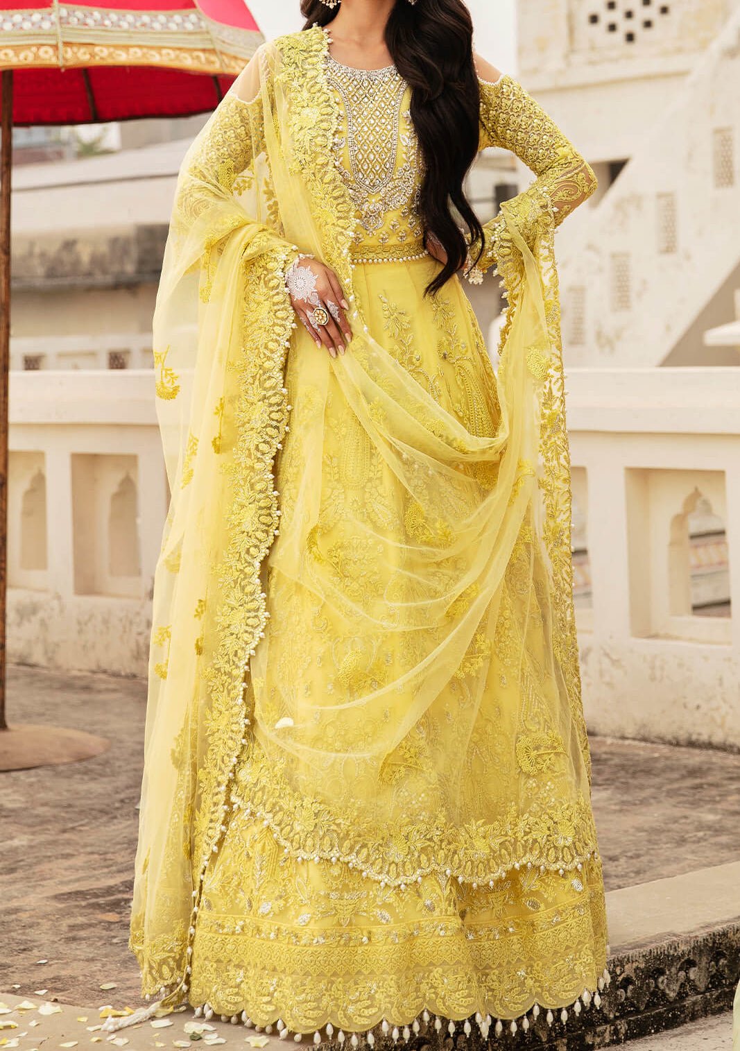 Imrozia Zard Pakistani Luxury Net Lehenga Choli - db24901