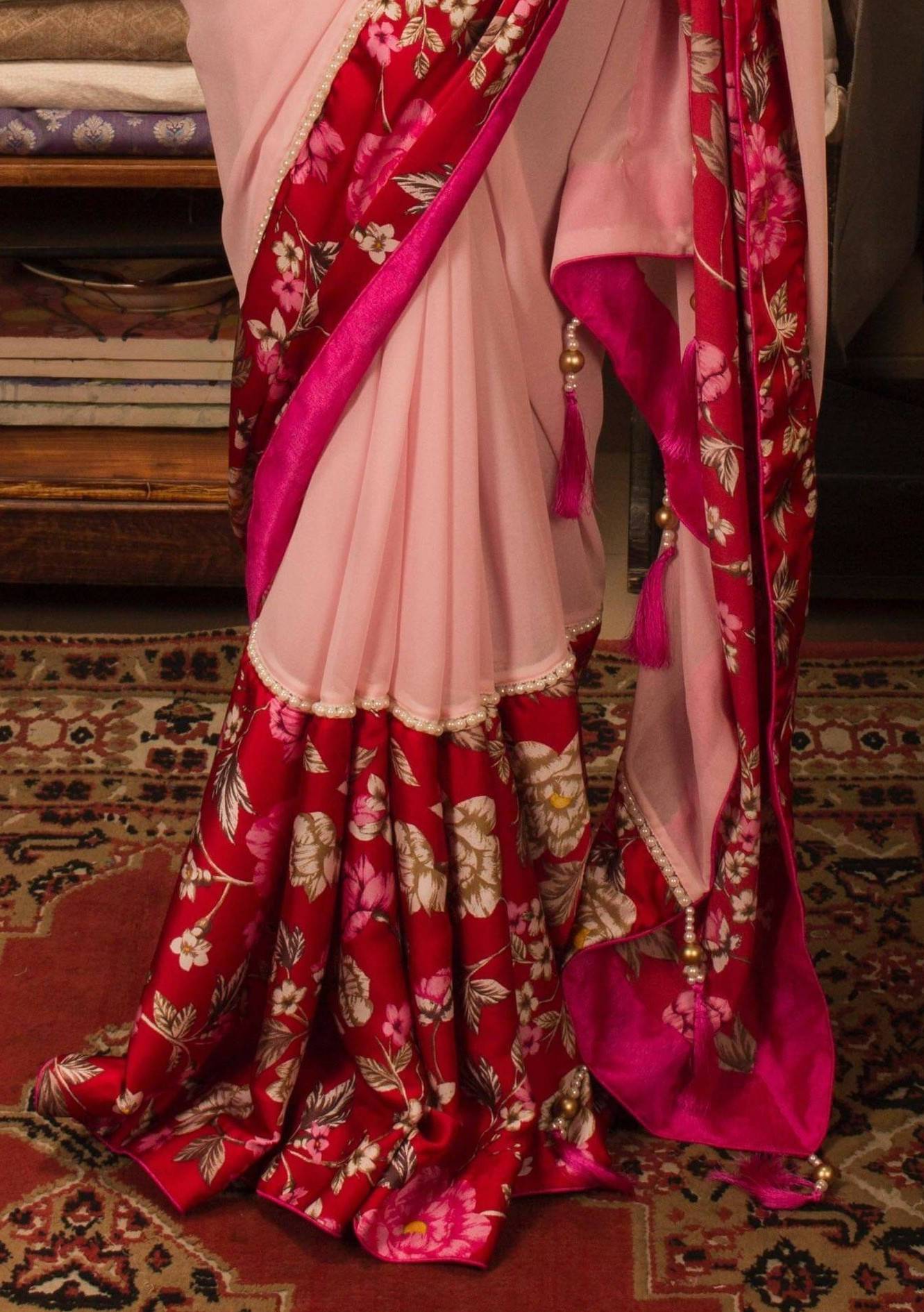 Khan Saab Boutique Designer Georgette Carnation Saree: Deshi Besh.
