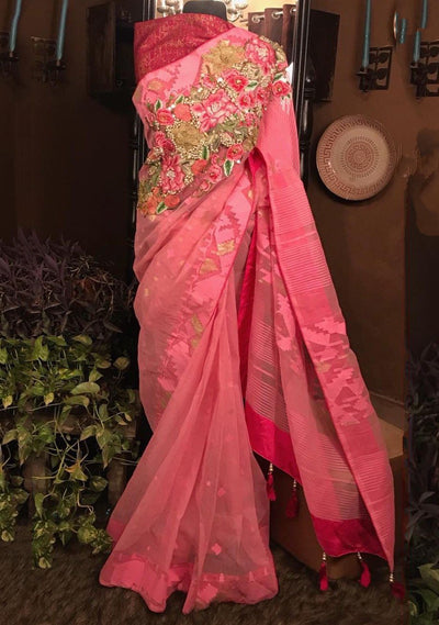 Khan Saab Designer Dhakai Jamdani Carnation Saree: Deshi Besh.