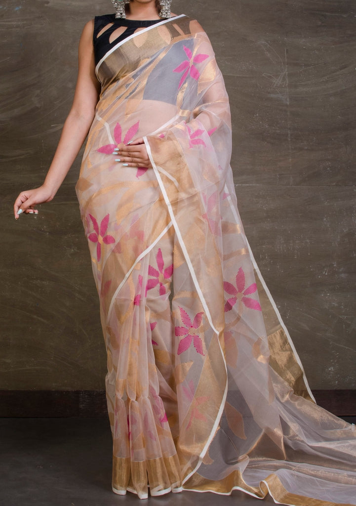 Mauve Pink Muslin Jamdani Saree – WeaveinIndia