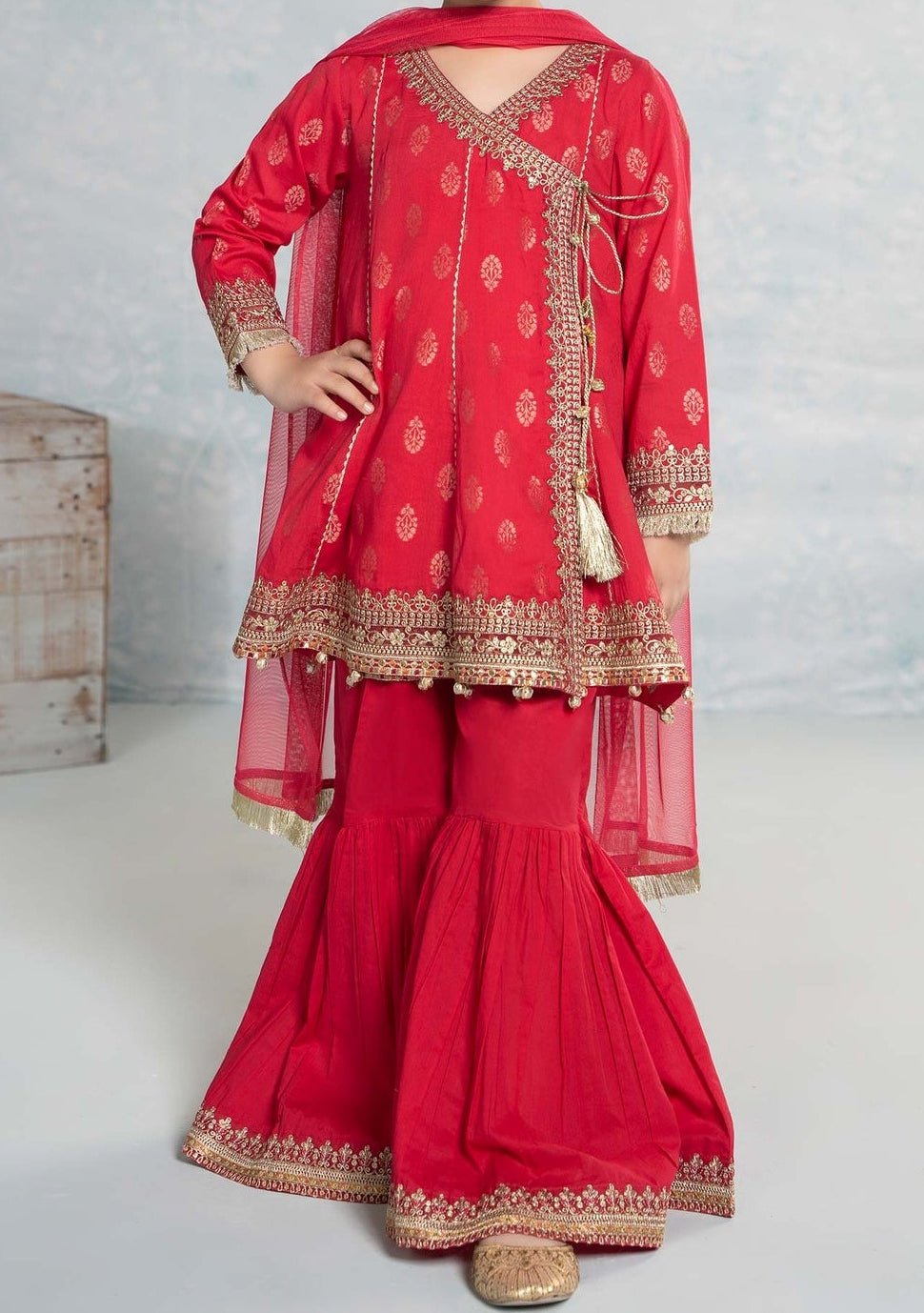 Maria.B Girl's Embroidered Jacquard Cambric Sharara Suit - db25209