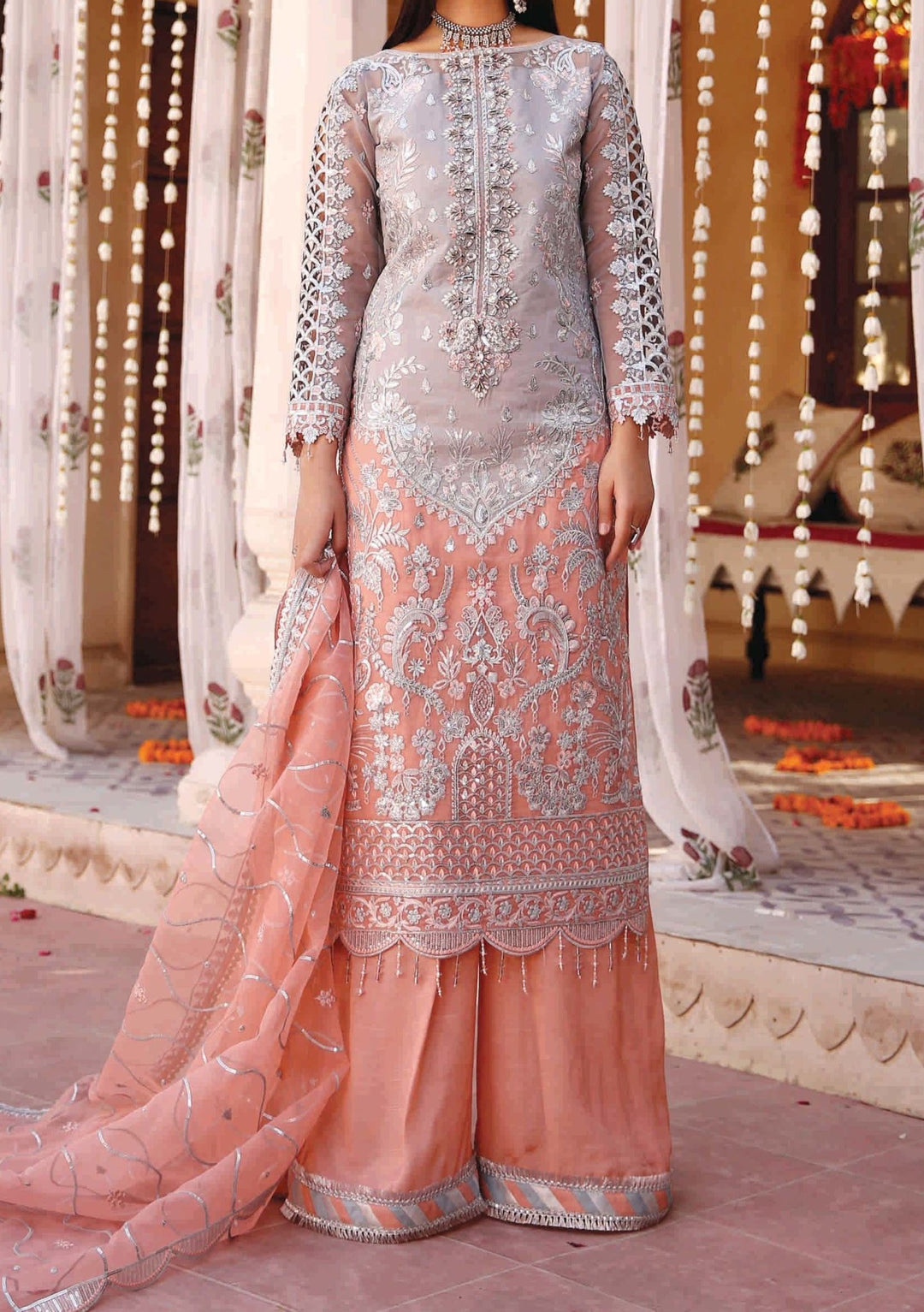 white christmas dresses Pakistani Women's Formal Wear 3-Piece Suit - Laser Cut Chiffon, Pink