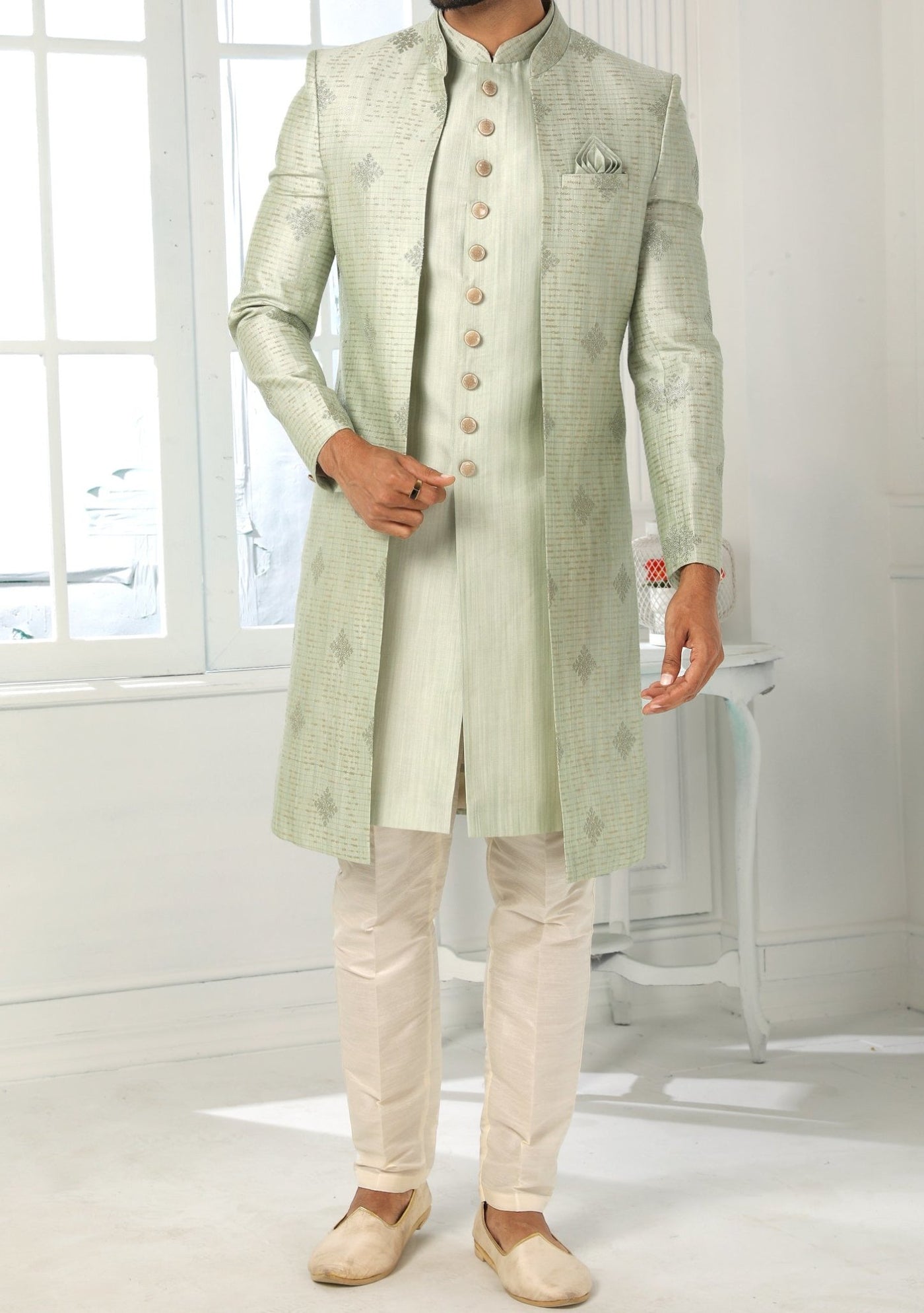 Stunning grey Lakhnavi Sherwani with crop jacket and pants | Shreeman